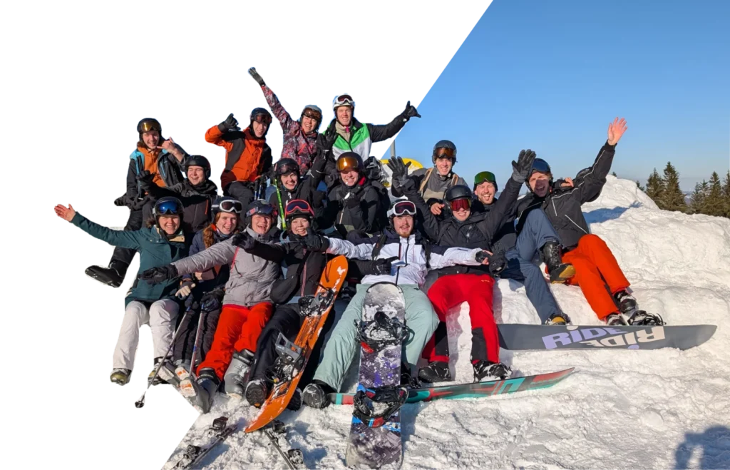 Leden van Aeolus samen op wintersport in de sneeuw